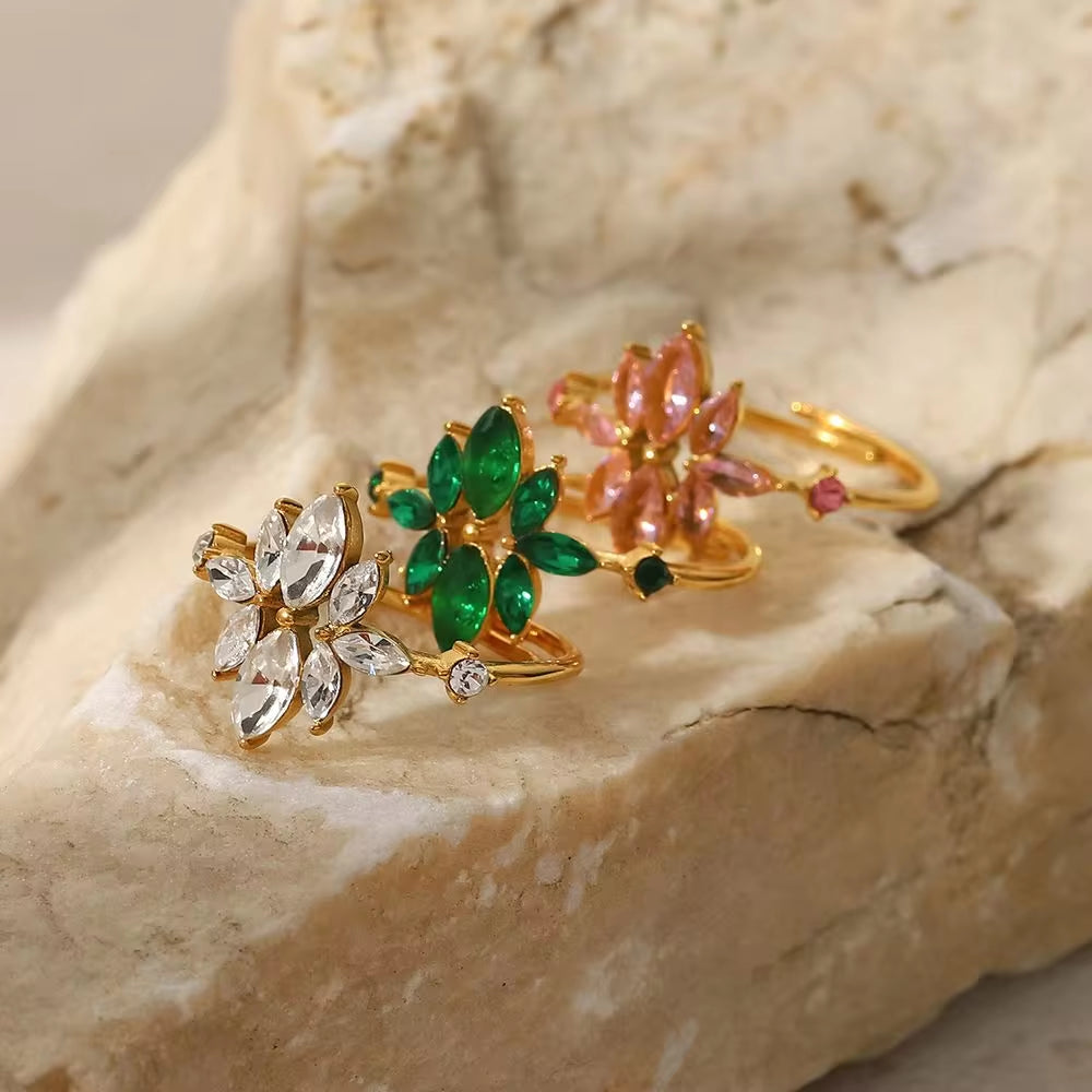 18K Gold Plated Thin Flower Zircon Finger Ring Stainless Steel Green CZ Zircon Adjustable Ring