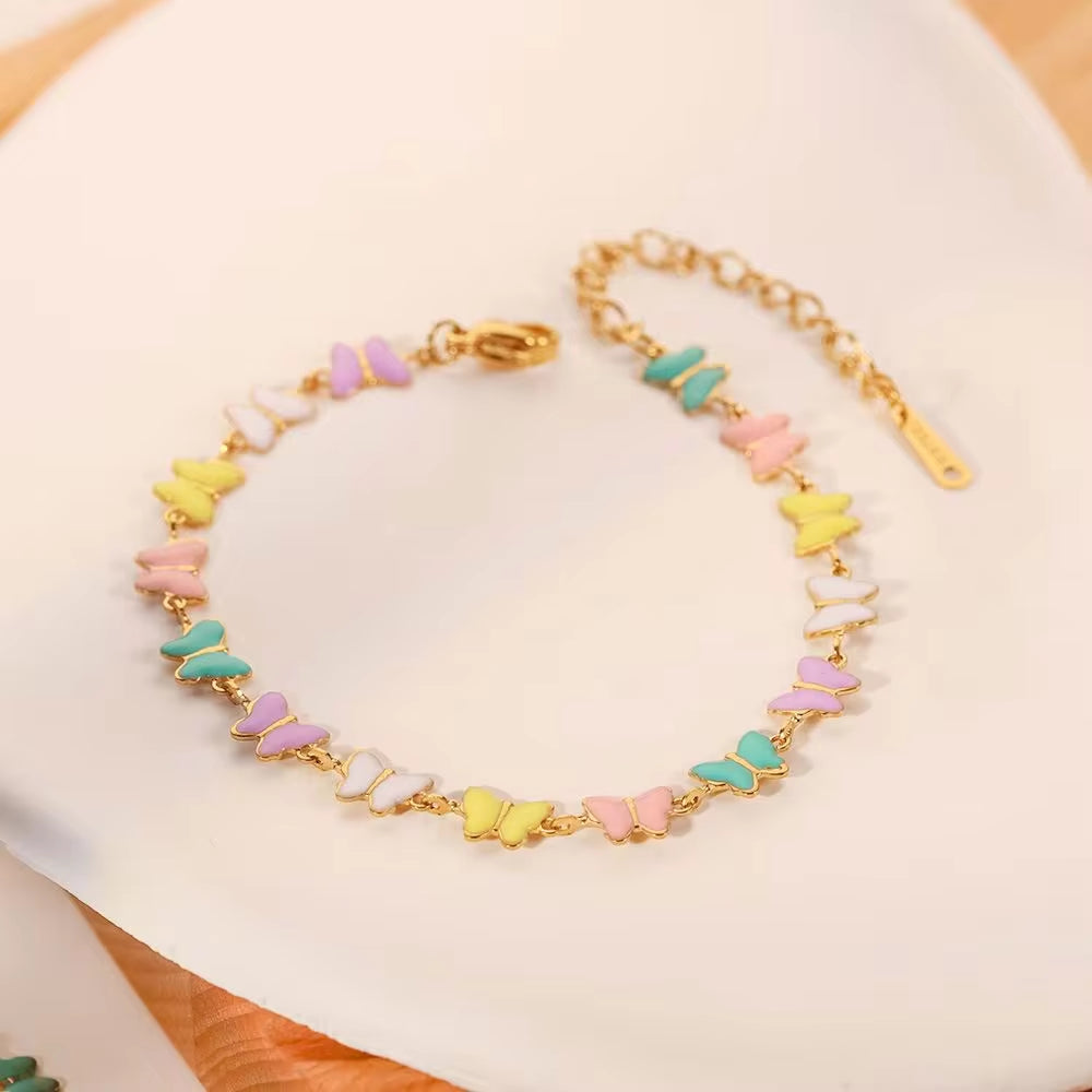 Charm 18K Gold Stainless Steel Dripping Oil Jewelry Gift Colorful Enamel Butterfly Chain Bracelet