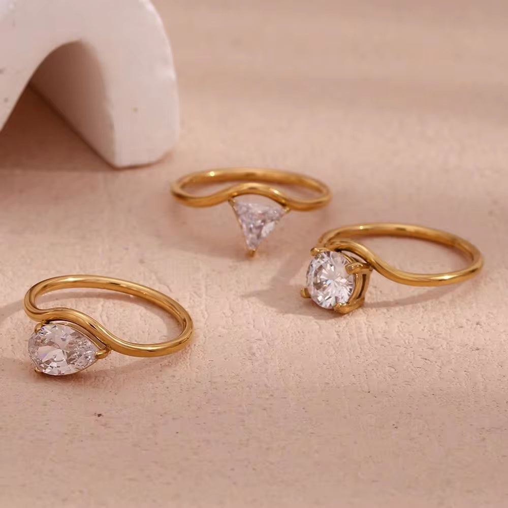 Elegant Shining Zircon Engagement Ring Dainty Gold Plated Jewelry Waterproof Stainless Steel Rings