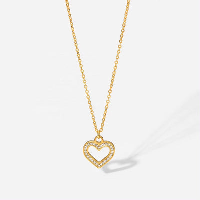 New Arrival 18K PVD Gold Plated Heart Necklace Stainless Steel Clear Zircon Hollow Heart Pendant Necklace for Women