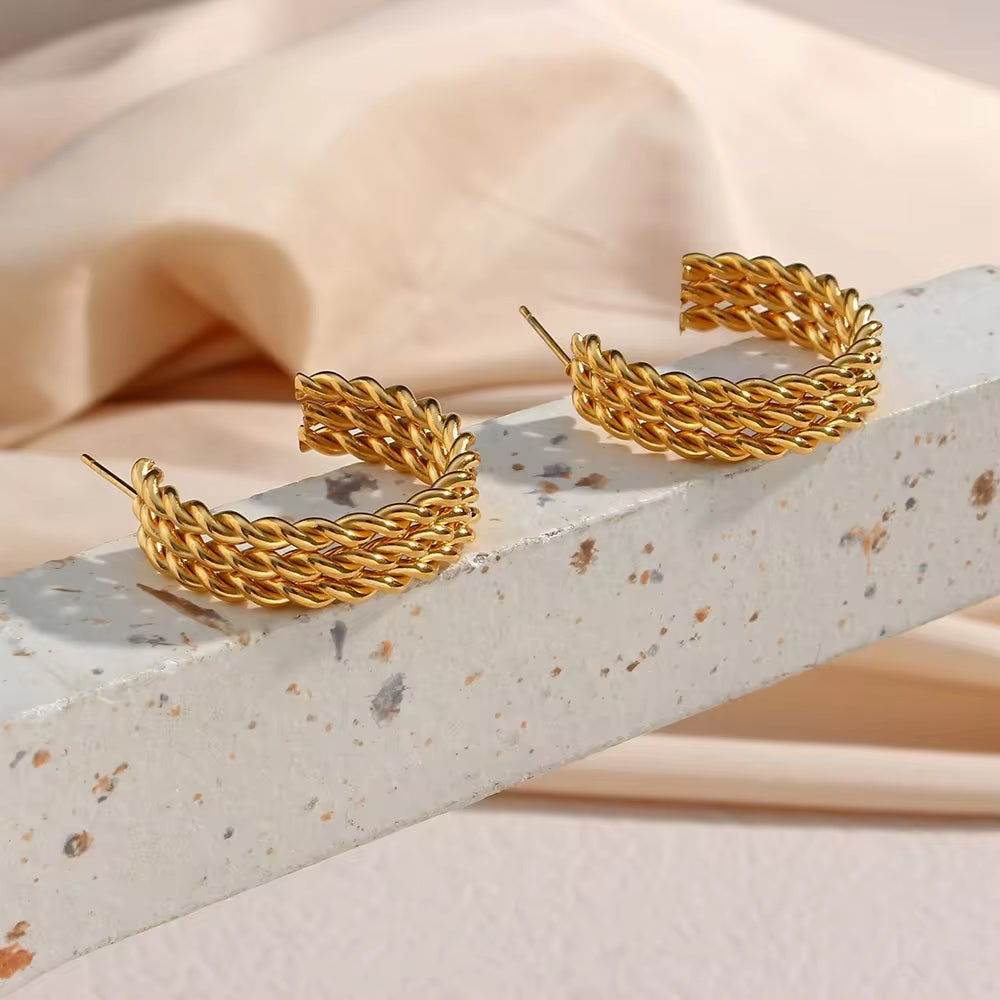 Tarnish Free Jewelry Weave Twisted Stainless Steel 18K Gold Plated Three Layered Gold Hoop Earrings