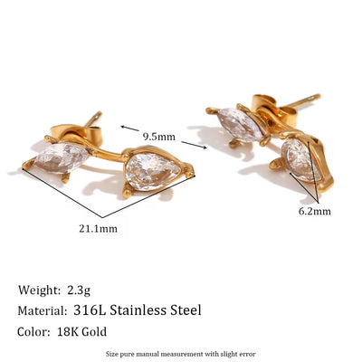 Dainty Zircon Water Drop Stud Earrings for Women 18K Gold Plated Jewelry Stainless Steel Earrings