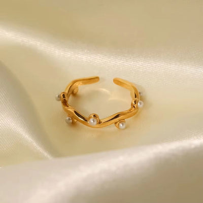 18K Gold Plated Stainless Steel Irregular Water Wave White Pearl Leaf Branch Stacking Rings