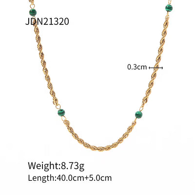 Geometric round Bead Chain Necklace Stainless Steel Rope Chain Green Malachite Bead Necklace