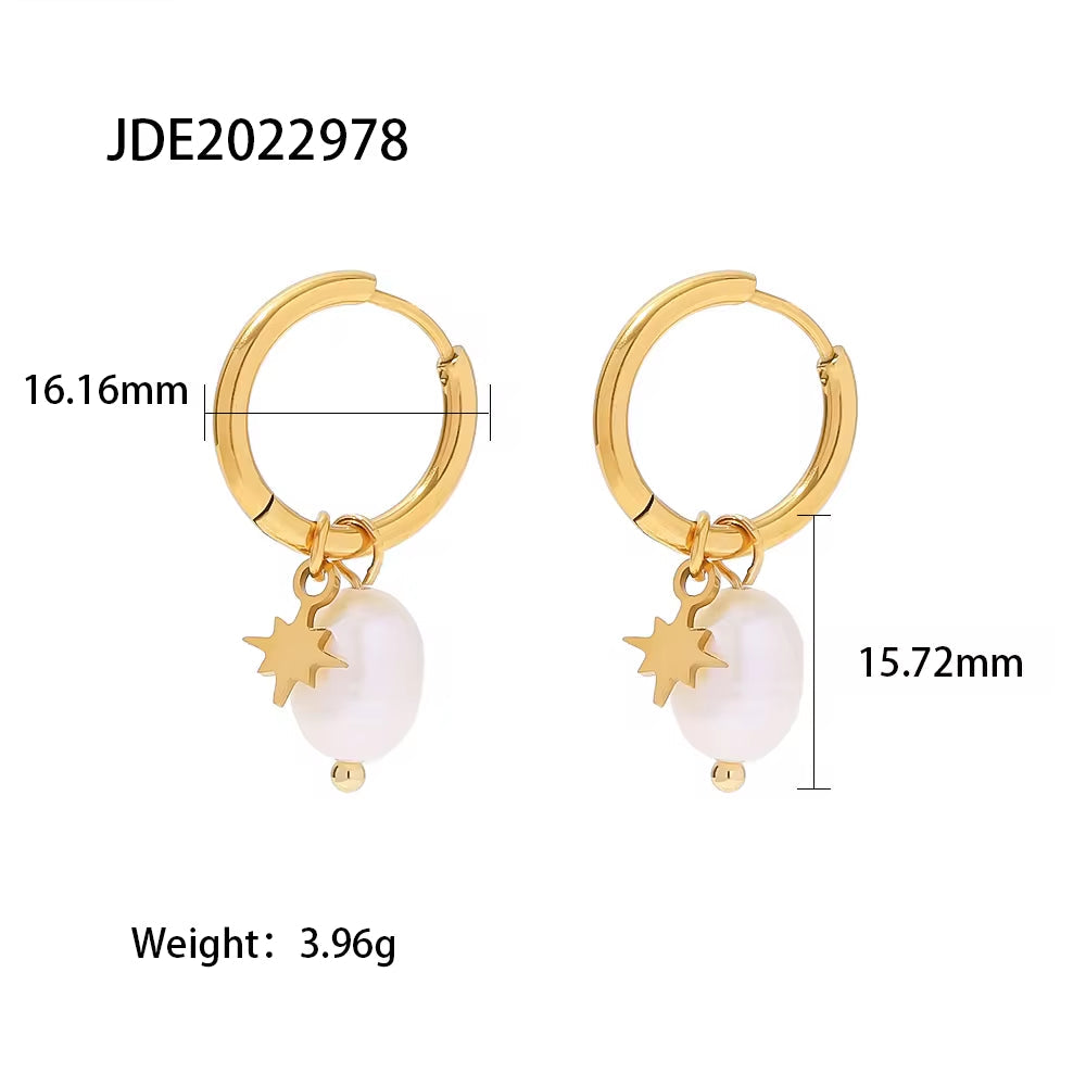 18K Gold Plated Stainless Steel Freshwater Pearl Star Charm Dainty Pendant Hoop Earrings for Women