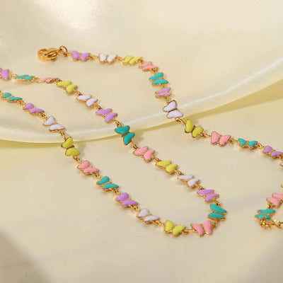 18K Gold Stainless Steel Dripping Oil Bracelets Colorful Enamel Butterfly Choker Necklace Set