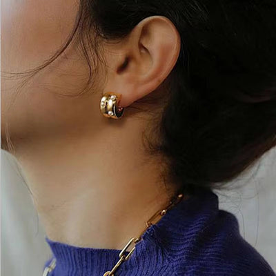 Hyperbole Half round Chunky Stud Earring 18K Gold Plated Stainless Steel Pearl Inlay Double Layer C Shape Hoop Earring