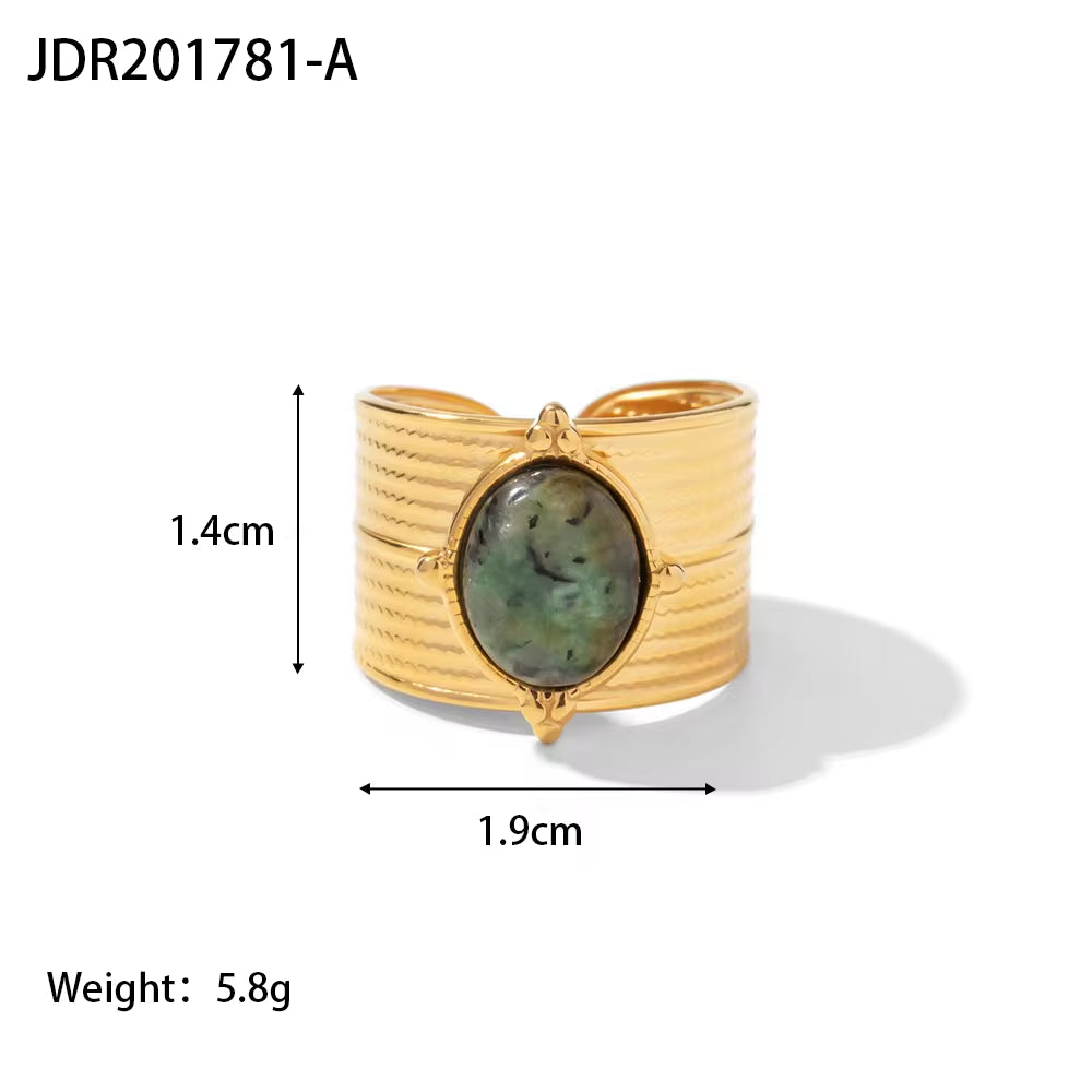 18K Gold Plated Stainless Steel Wide Cyclic Surface Natural African Turquoise Stone Rings for Women