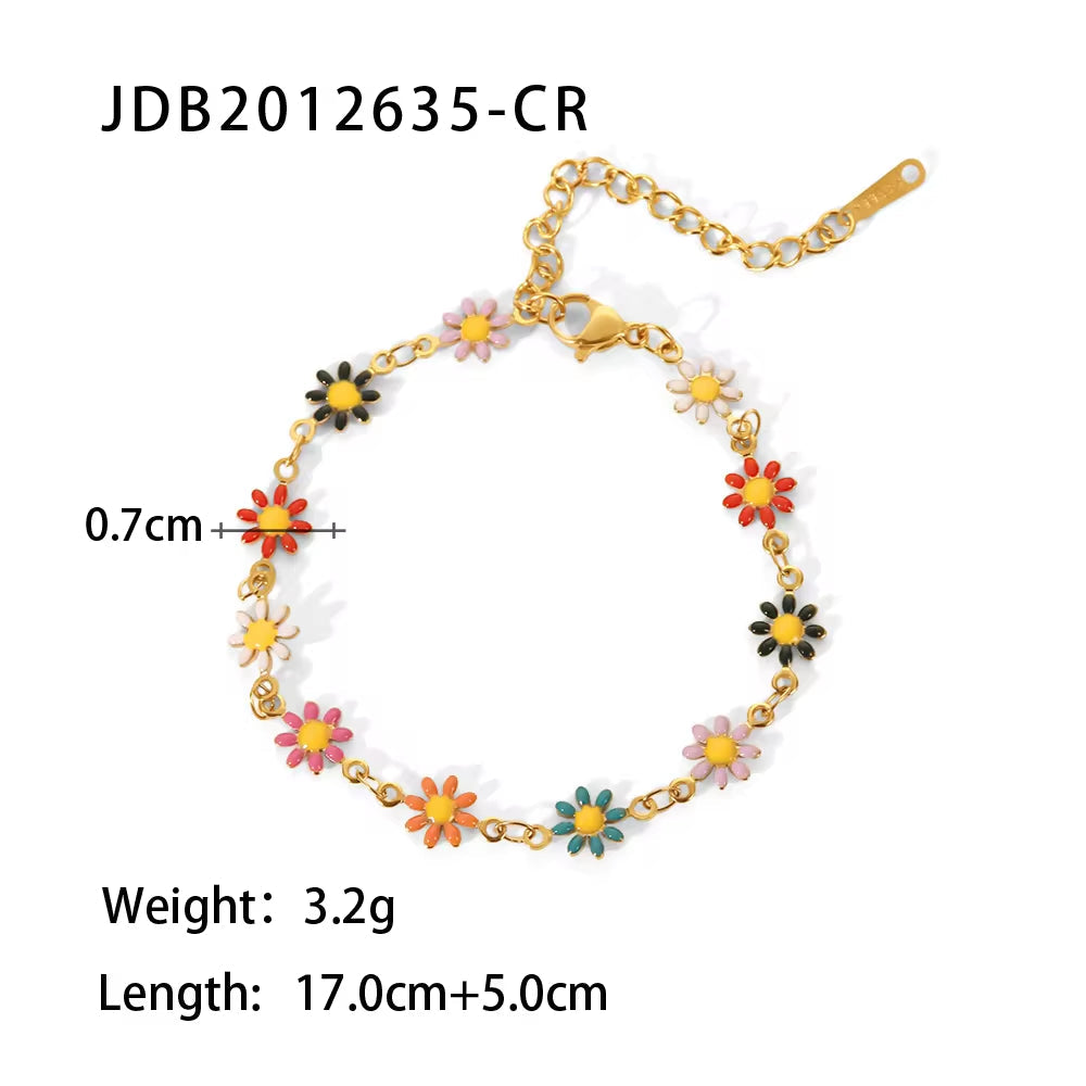 Charm 18K Gold Plated Stainless Steel Choker Necklace Set Women Colorful Daisy Chain Bracelet