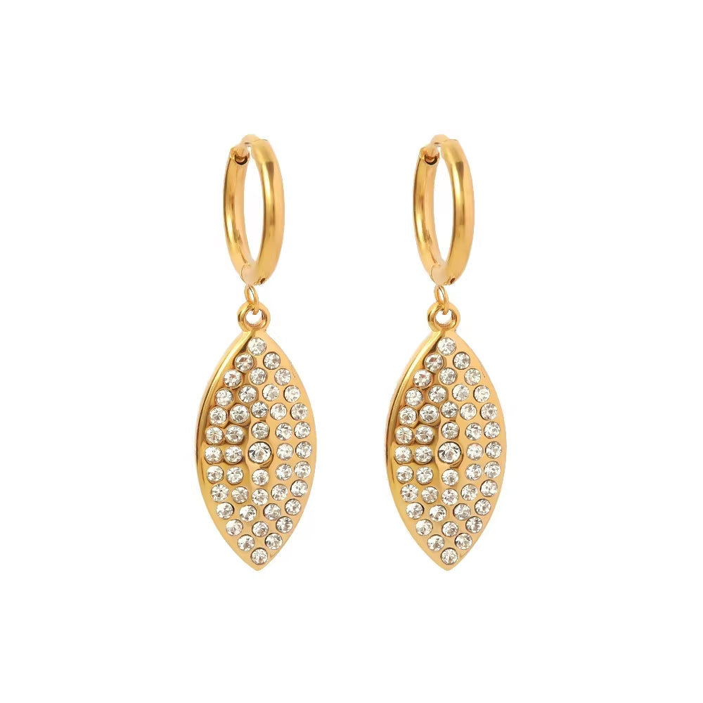 Leaf Shape Shiny Cubic Zircon Non Tarnish 18K Gold Plated Stainless Steel Pendant Earrings Women