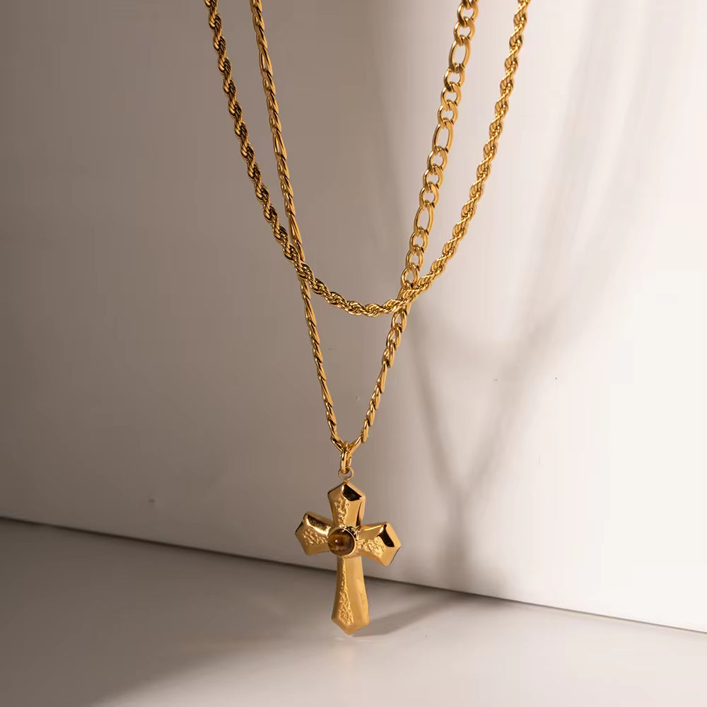 Waterproof 18K Gold Plated Stainless Steel Jewelry Gift Charm Cross Texture Layered Hammer Pendant Necklace for Women