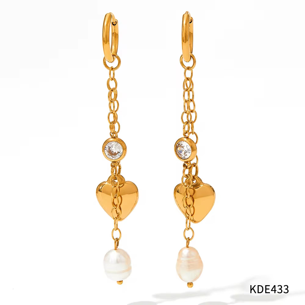 18K Gold Plated Stainless Steel Jewelry Tassel Heart Fresh Water Pearl Cubic Zirconia Drop Earrings for Womens