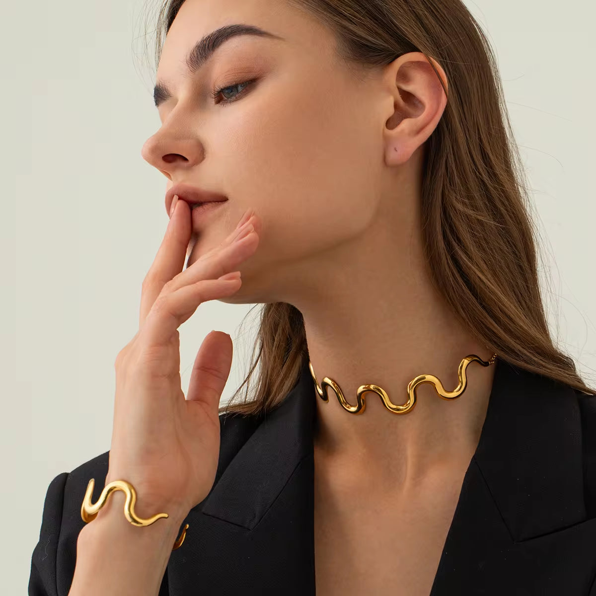 Chunky 18K Gold PVD Plated Stainless Steel Jewelry Twist Wavy Cuff Bangle Choker Necklace Earring Set