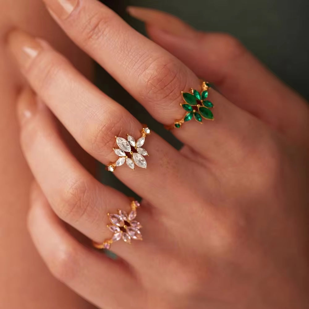 18K Gold Plated Thin Flower Zircon Finger Ring Stainless Steel Green CZ Zircon Adjustable Ring