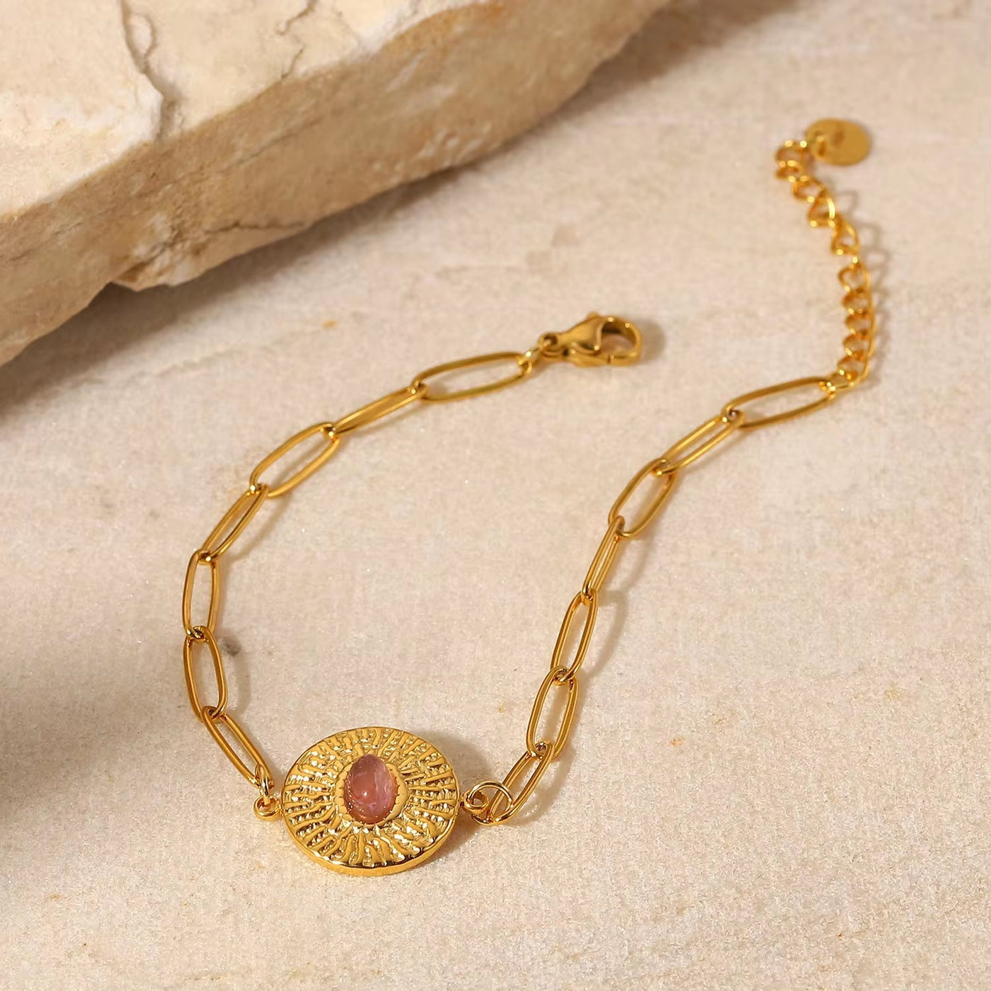 Pink Oval Stone round Bracelet 18K Gold Cross Paperclip Chain Tarnish Free Jewelry Bracelet for Women