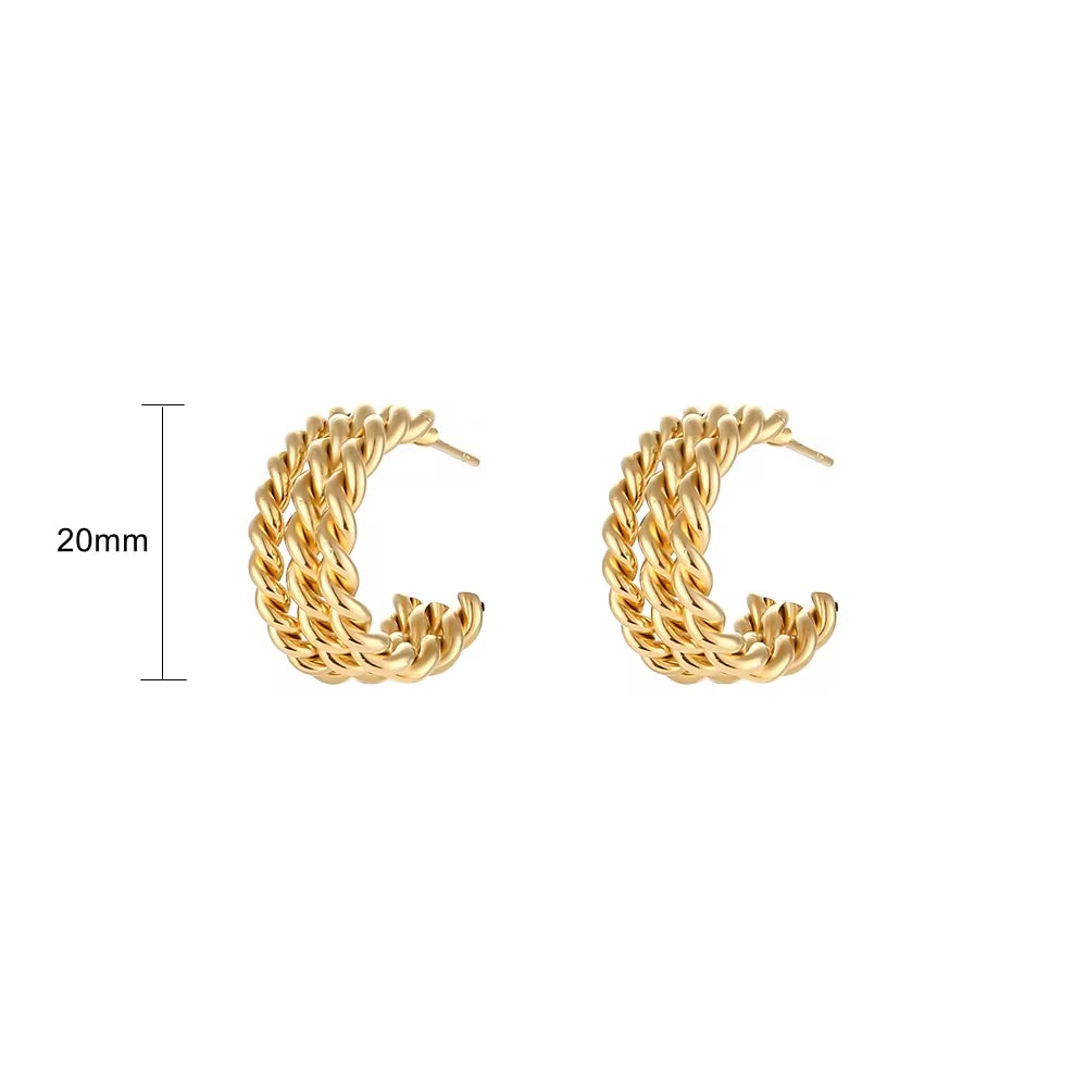 Tarnish Free Jewelry Weave Twisted Stainless Steel 18K Gold Plated Three Layered Gold Hoop Earrings