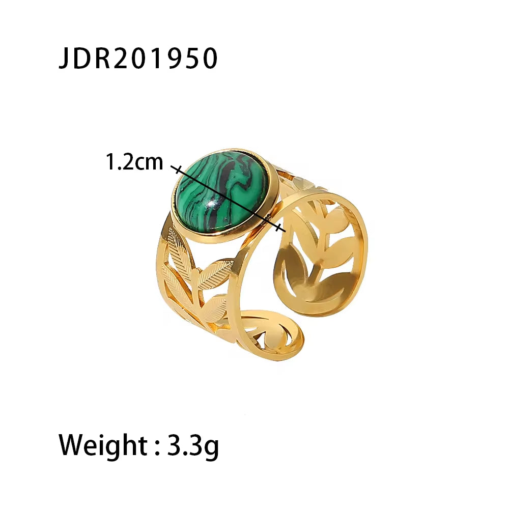 Malachite Stone 18K Gold Plated Stainless Steel Hollow Leaf round Green Malachite Opening Rings for Women