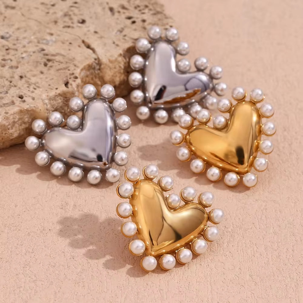 Gold Plated Jewelry Pearl Stud Earrings Heart Jewelry Gift for Women Stainless Steel Earrings