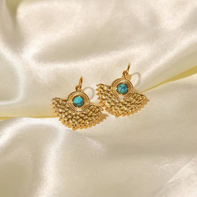 Vintage 18K Gold Plated Turquoise Fan-Shaped Pendant Earrings Gift Jewelry Stone Earrings