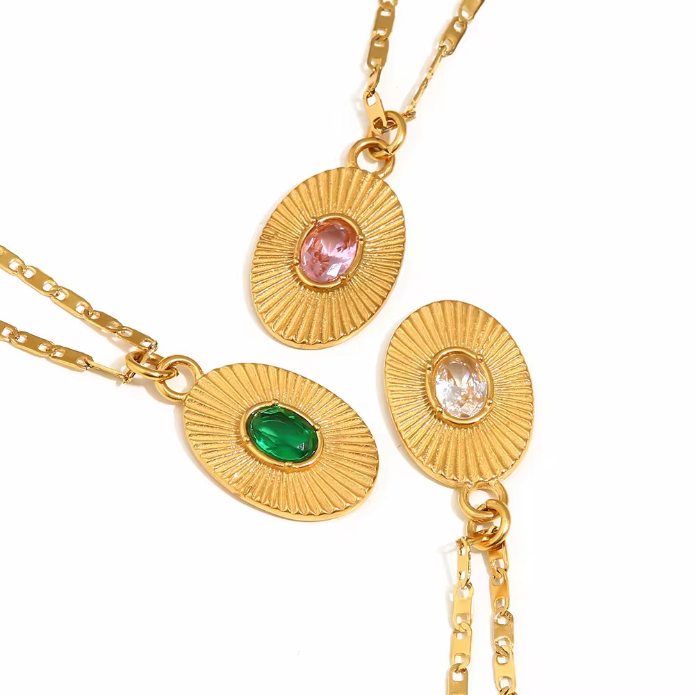 Trendy 18K Gold Plated Charm Necklace Stainless Steel Screw Zircon Paved Oval Sunburst Pendant Necklace