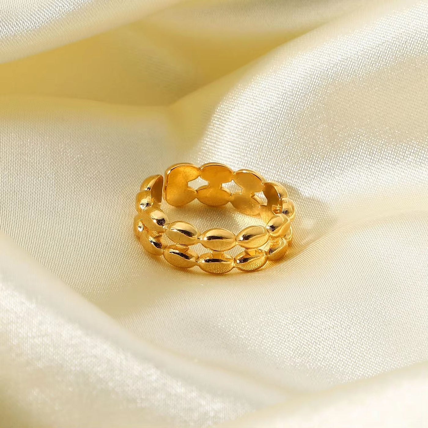 18K Gold Plated Double Layer Geometric Oval Bean Beads Open Stainless Steel Finger Rings for Woman