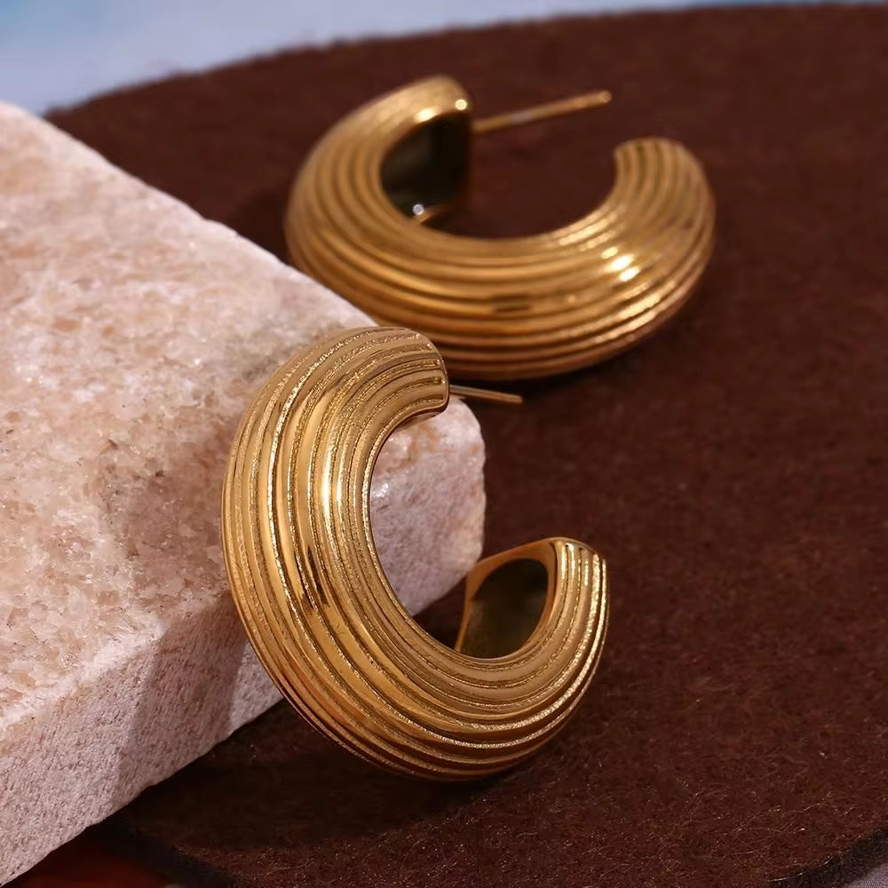 Fashion Gold Plated Jewelry Engraved Texture Hoop Earrings Stainless Steel Women Jewelry