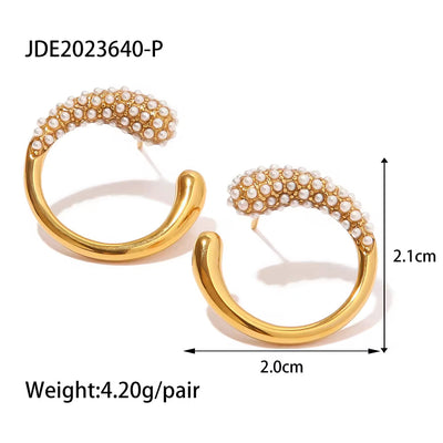 New Trendy 18K Gold Plated Stainless Steel CC Shape Zircon Pearl Inlaid Earring Circle Earring Jewelry Festival Gift