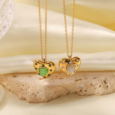 Waterproof Green Heart Necklace Stainless Steel Green Zircon Opal Stone Heart Pendant Necklace