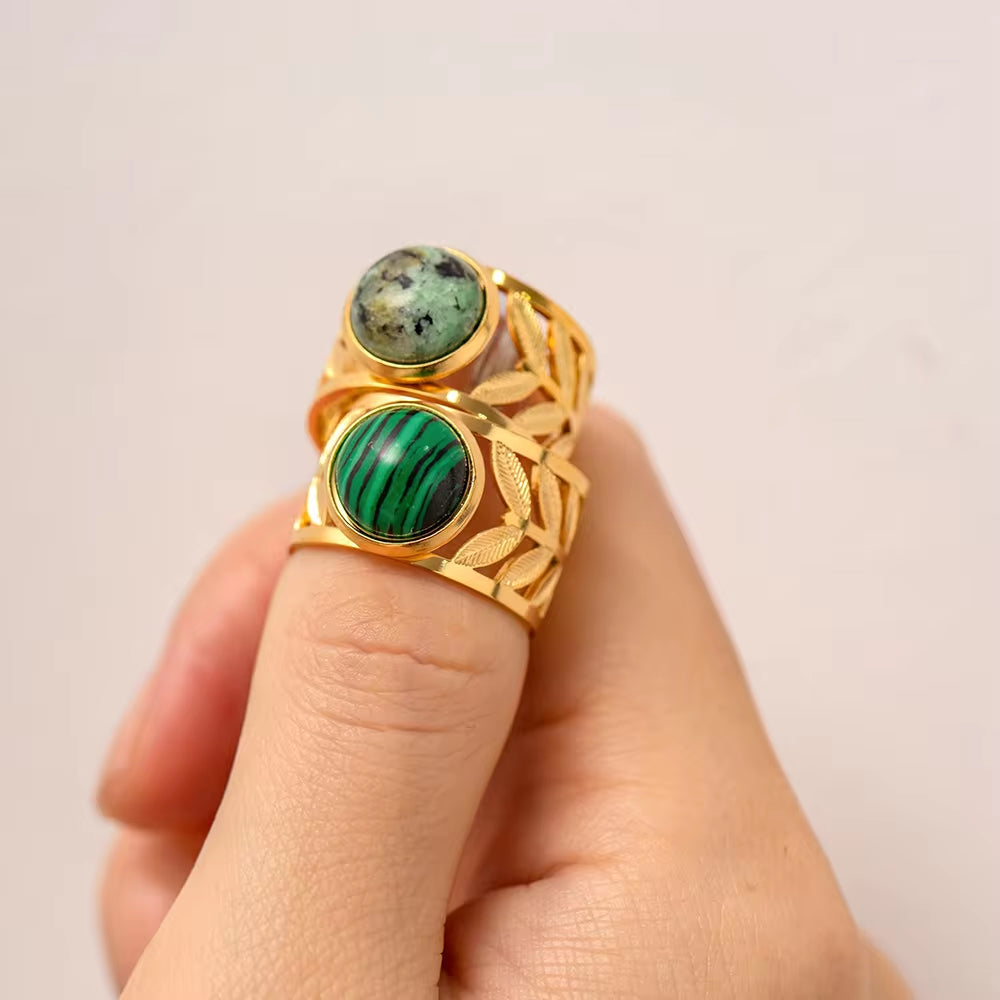 Malachite Stone 18K Gold Plated Stainless Steel Hollow Leaf round Green Malachite Opening Rings for Women