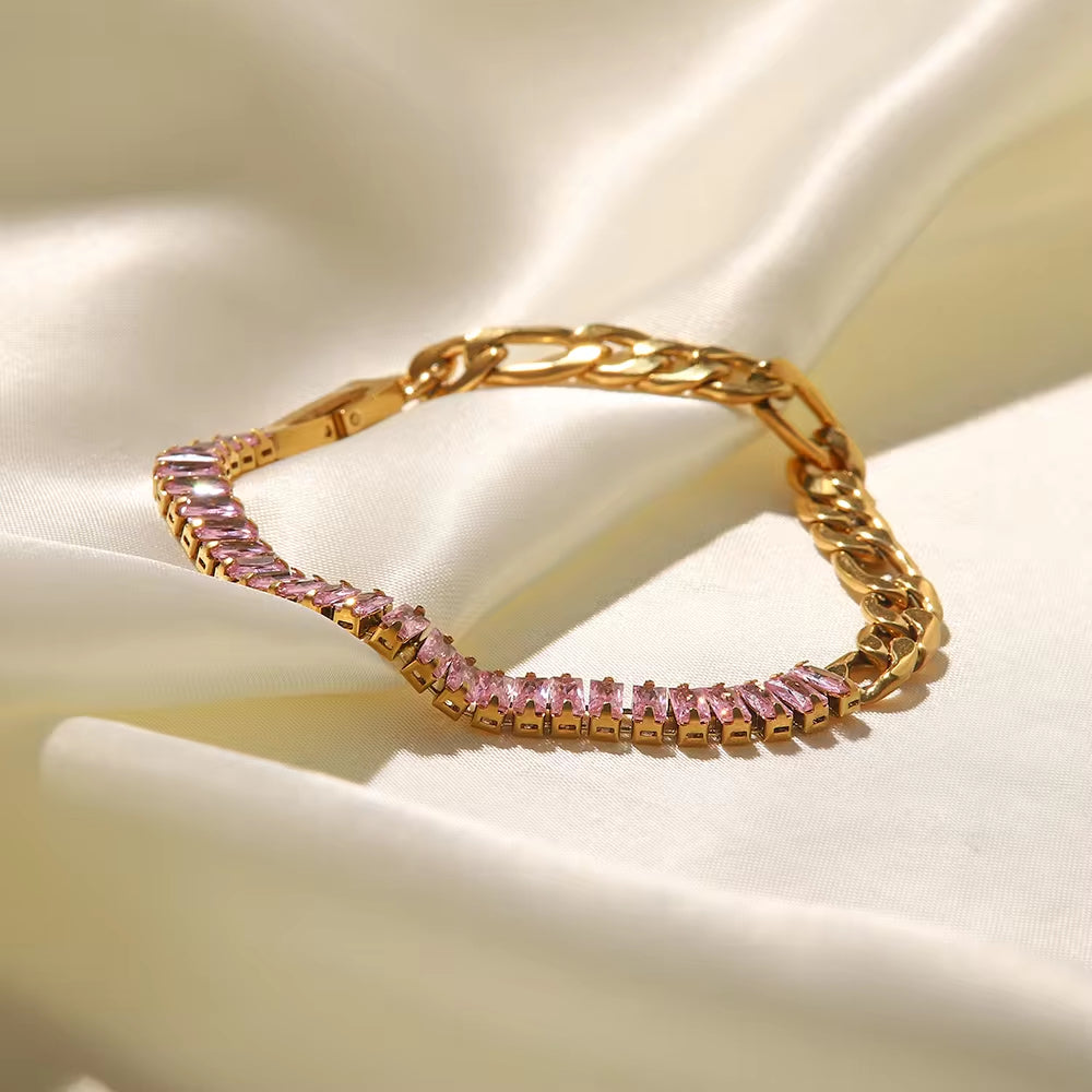 Stainless Steel 18K Gold Plated Jewelry Pink Full Cubic Zirconia Figaro Chian Bracelet for Women