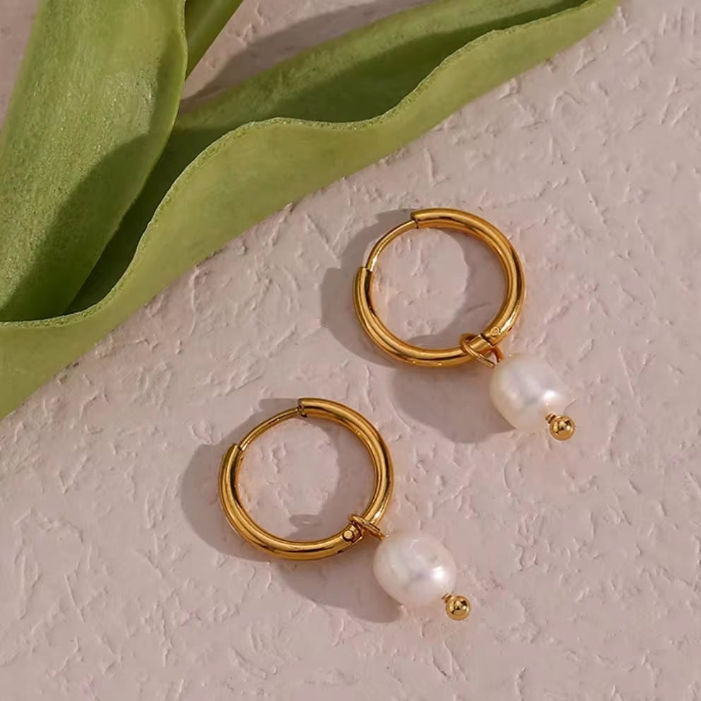 Drop Ship Elegant Fresh Water Pearl Drop Earring 18K Gold Plated Stainless Steel Gold Hoop Earring