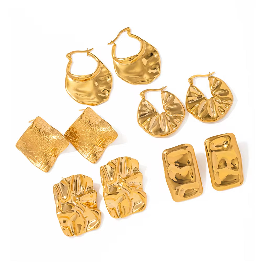 Low Key Luxury Gold Plated Earrings 18K Stainless Steel Jewelry Hammered Texture Stud Earrings Set