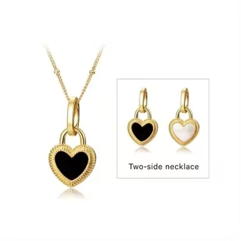 18K Gold Plated Double-Sided Jewelry Stainless Steel Black White Signet Lock Heart Necklace