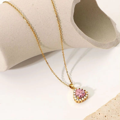 18K Real Gold Plated Necklacejewelry Stainless Steel Pink Triangle Cubic Zircon Pendant Necklace for Women