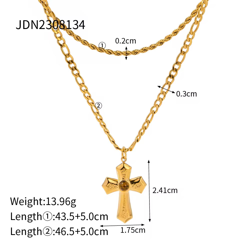 Waterproof 18K Gold Plated Stainless Steel Jewelry Gift Charm Cross Texture Layered Hammer Pendant Necklace for Women