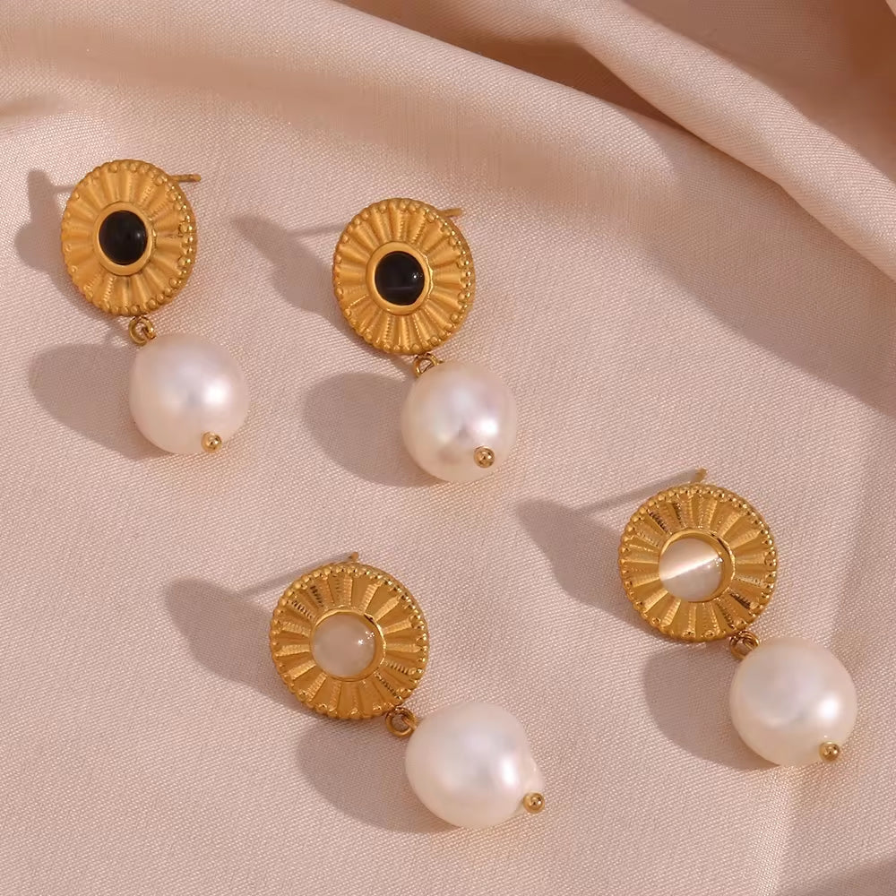 Trending Products 2023 New Arrivals Sunflower Shape Fresh Water Pearl Drop Earring Gold Plated Stainless Steel Opal Earrings