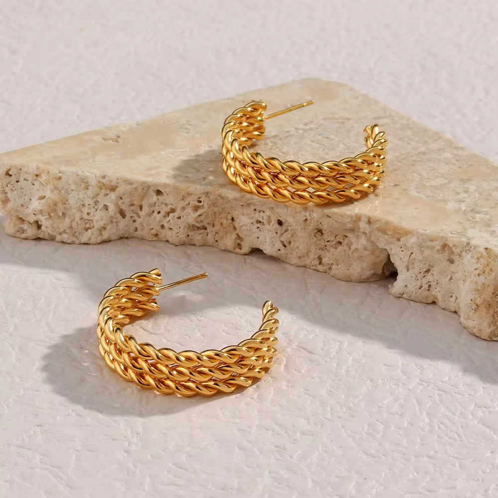 Tarnish Free Jewelry Weave Twisted Stainless Steel 18K Gold Plated Three Layered Gold Hoop Earrings