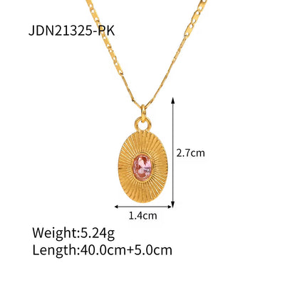 Trendy 18K Gold Plated Charm Necklace Stainless Steel Screw Zircon Paved Oval Sunburst Pendant Necklace