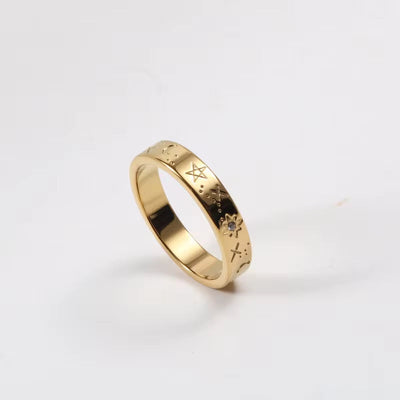 Fashion Titanium Steel Gold Plated Star and Moon Ring Retro Personality Stainless Steel Universe Galaxy Ring Woman