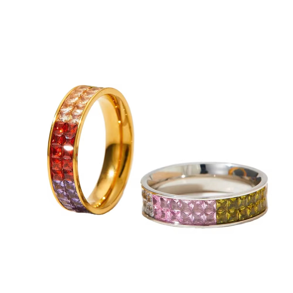 Classic Hot Sell Double Layer Square Crystal Pave Multicolor Stainless Steel Ring Colorful Diamond Rings Jewelry Wome