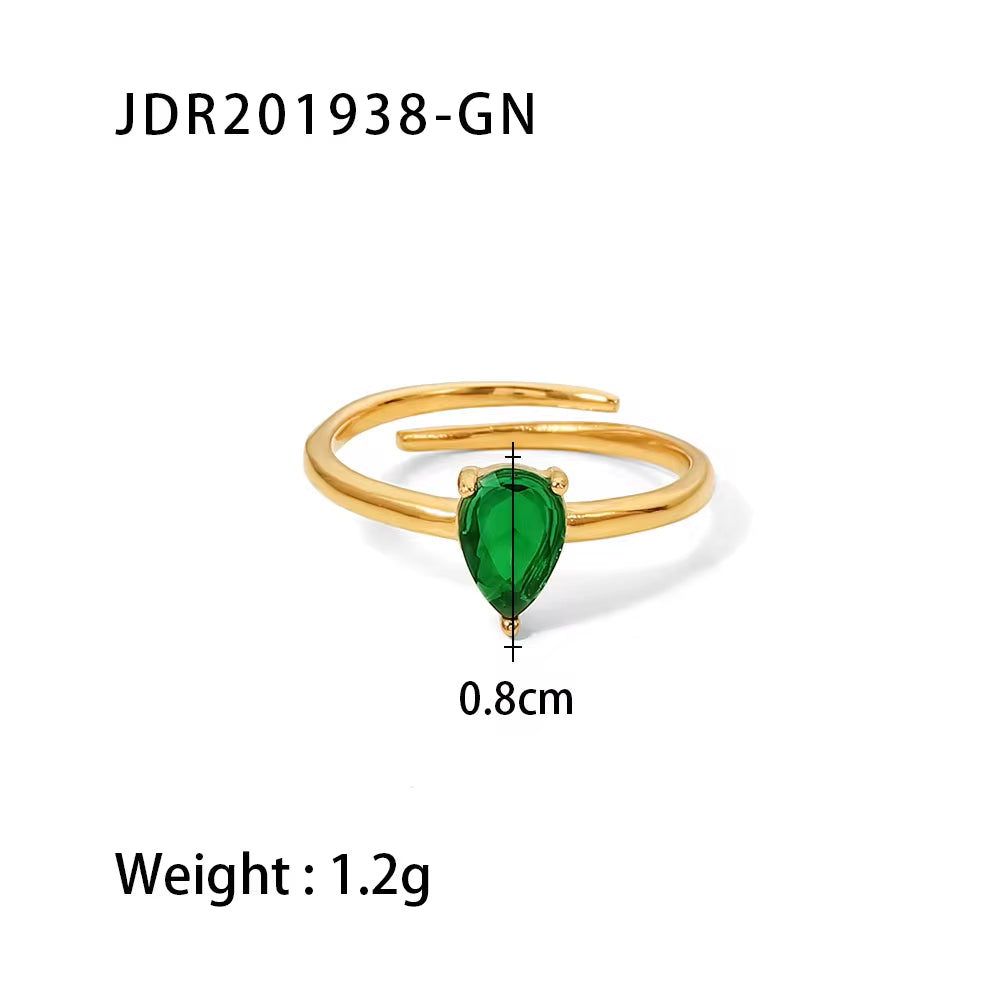 18K Gold Plated Multi-Colors Oval Zircon Dainty Water Drop Shape Stainless Steel Adjustable Rings