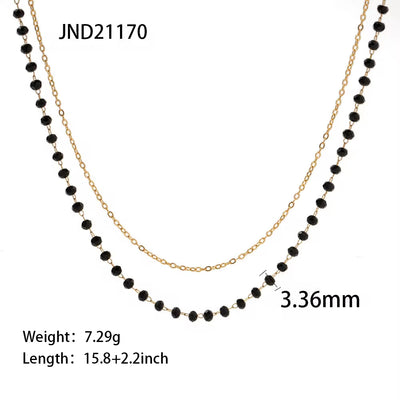 Bohemia Stainless Steel Black Beads Glass Stone Double Layer Bead Chain Necklace for Women