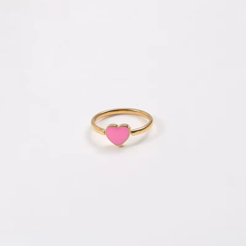 New High Quality Waterproof Rings Jewelry Enamel Pink Heart Ring Jewelry Stainless Steel 18K Gold Plate Heart Ring for Women