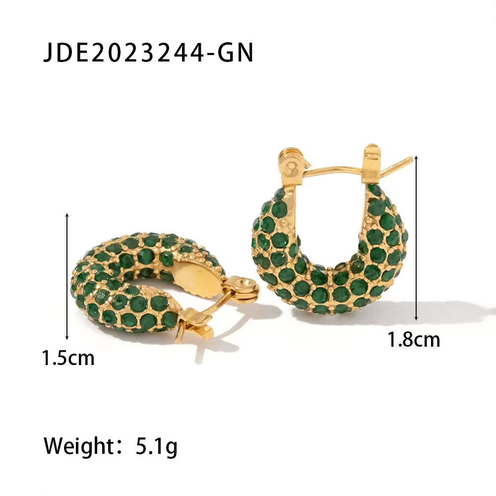 18K Gold Plated Stainless Steel Classic Hammered Shape Cubic Zirconia Hoop Earrings for Ladies