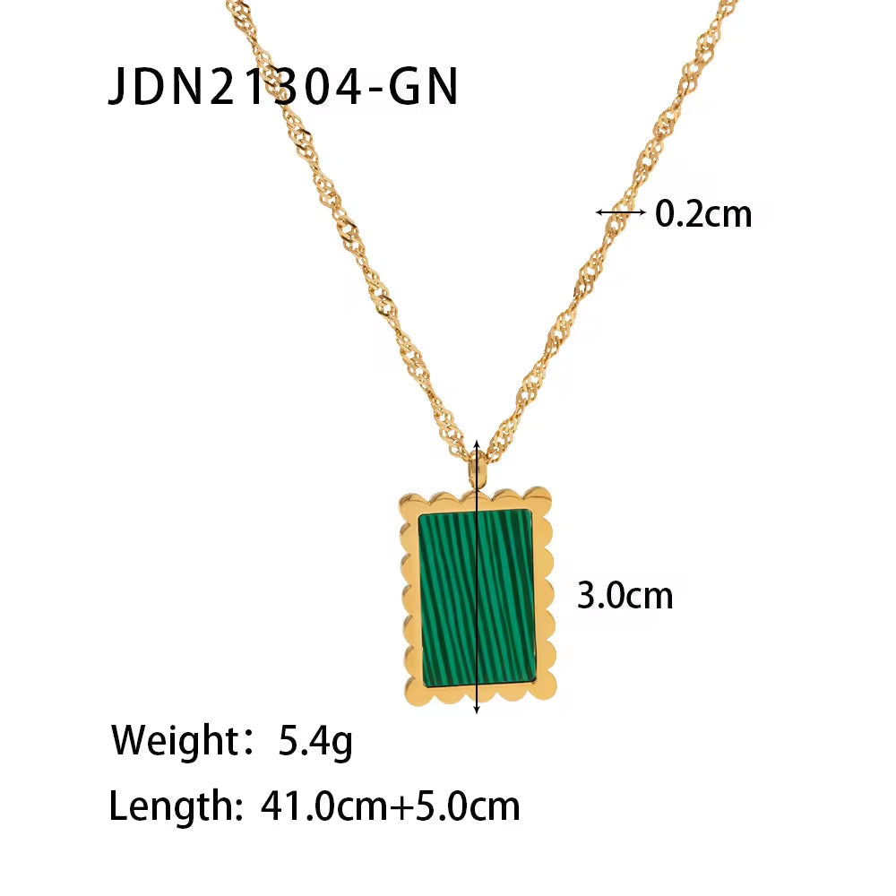 New Arrival Stainless Steel Black Malachite Square Lace Inlaid White Shell Pendant Necklace