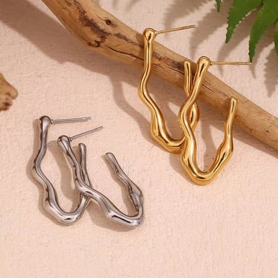 Engraved Water Wave Statement Hoop Earrings Gold Plated Jewelry Tarnish Free Stainless Steel Earrings