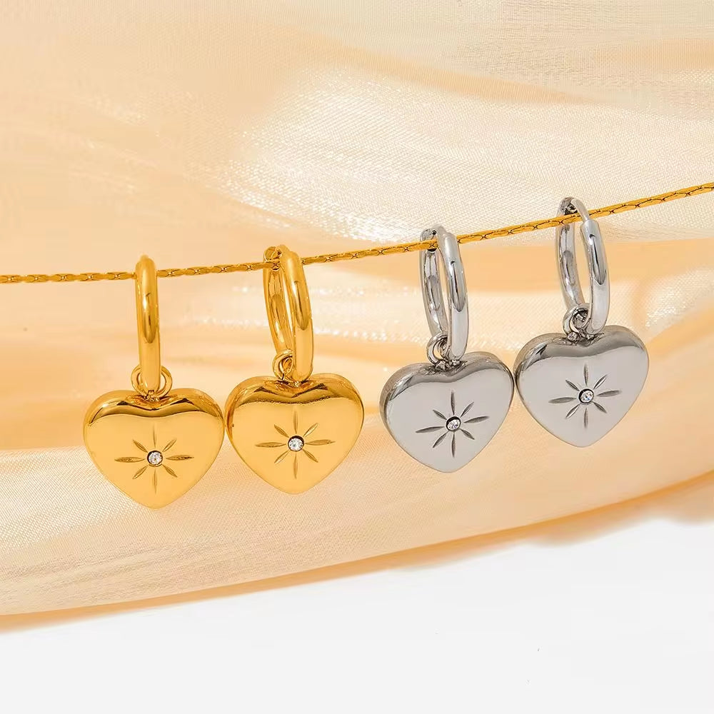 Wholesale Custom Pvd 18K Gold Plated Stainless Steel Jewelry North Star Heart Dangle Charm Hoop Earrings