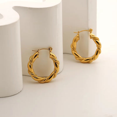 18K Gold Plated Circle Jewelry Croissant Double Twist Stainless Steel Hoop Earrings for Women