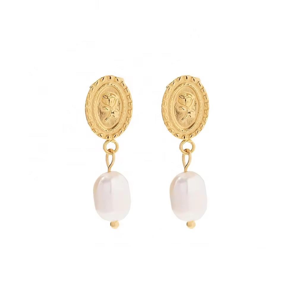 18K Gold Plated Stainless Steel Freshwater Pearl Coin Design Rose Embossed Pendant Earrings Ins Trendy