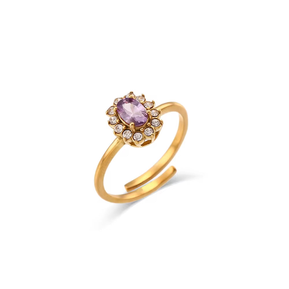 Drop Shipping Oval Zircon Ring Flower Design Adjustable Rings Waterproof Gold Plated Jewelry